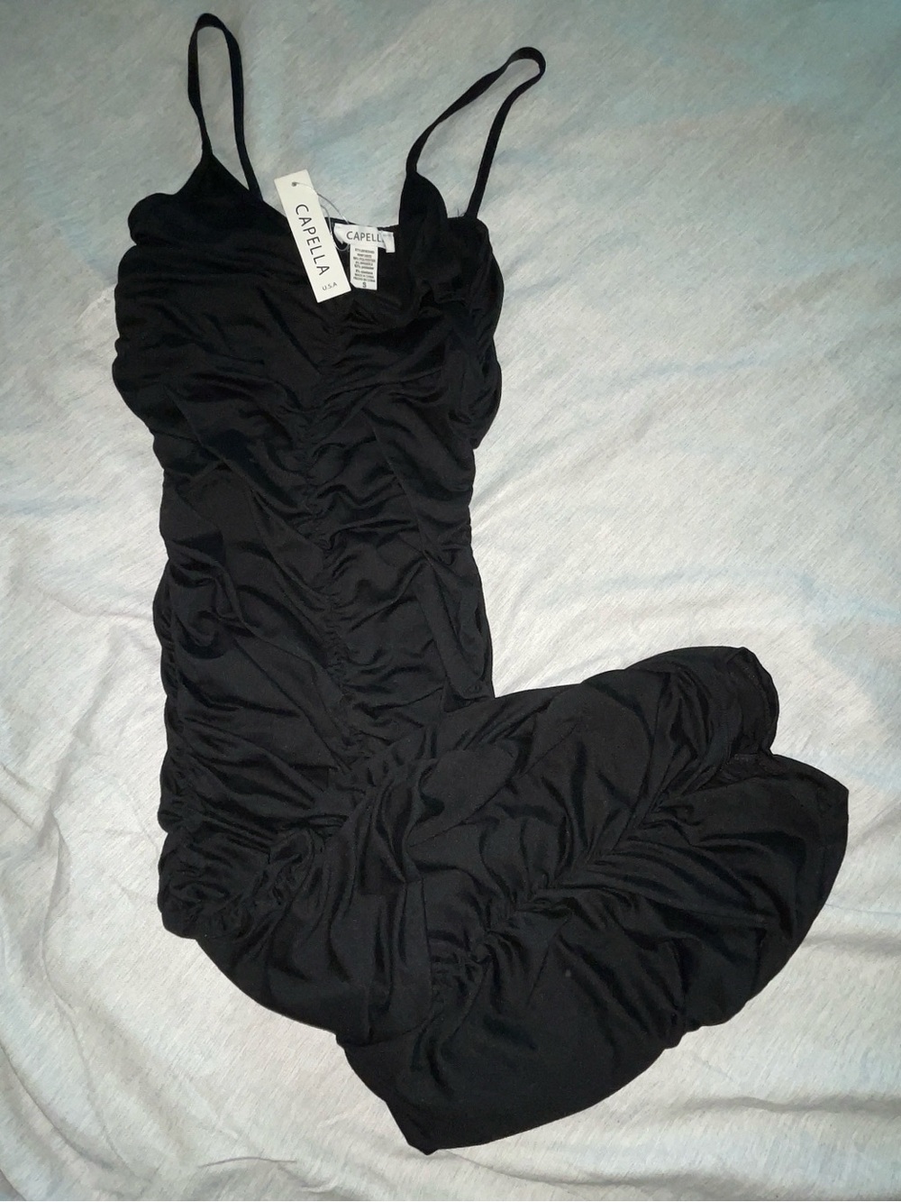 Capella Black Ruched Mini Dress - Sleek Spaghetti Strap Style